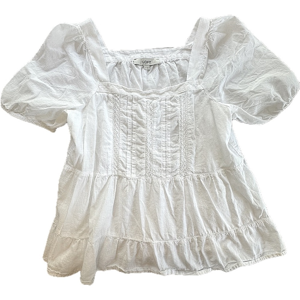 LOFT White Cotton Short Puff Sleeve Crochet Details Boho Peasant Tiered Top M - Picture 2 of 9
